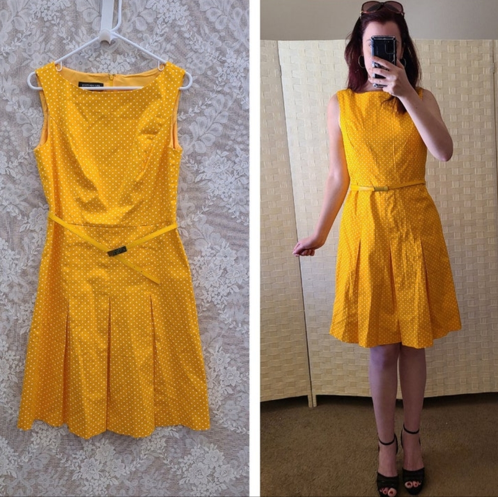 Women's Jones New York Yellow Polka Dot Pleated Preppy A-Line Dress With Pockets